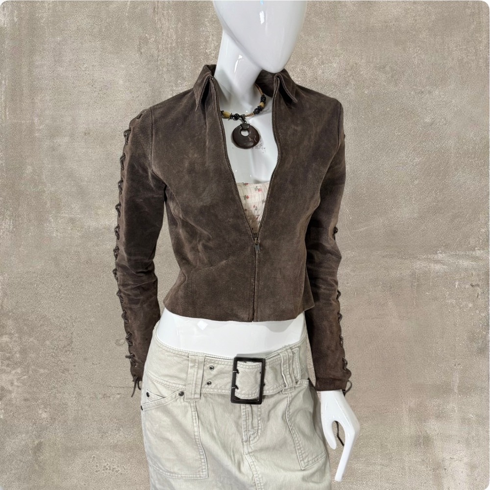 Y2K Charlotte Russe Genuine Leather Lace Up Sleeve Jacket Distressed Brown M